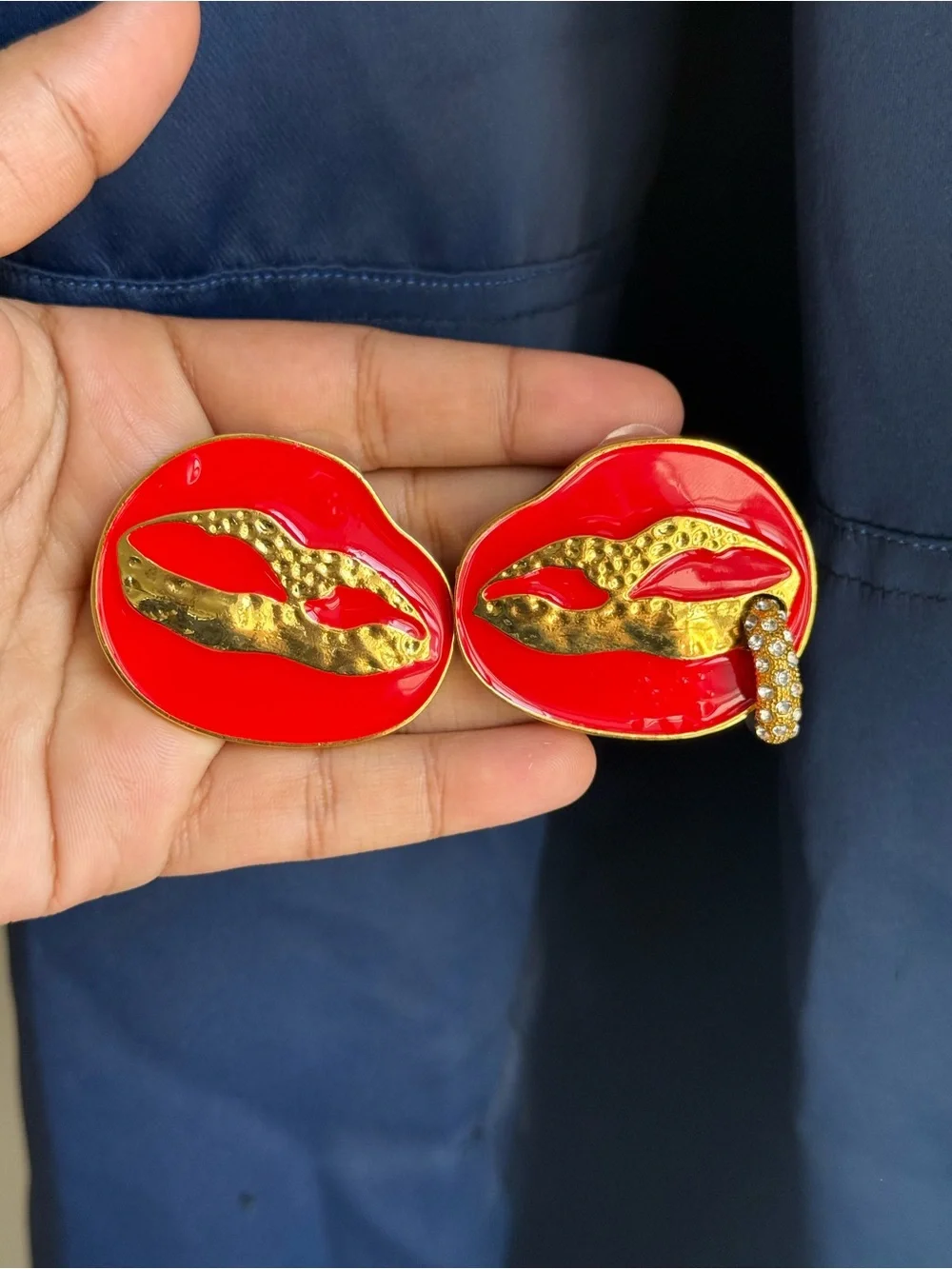 Schiaparelli Inspired Red and Gold Lip Statement Earrings